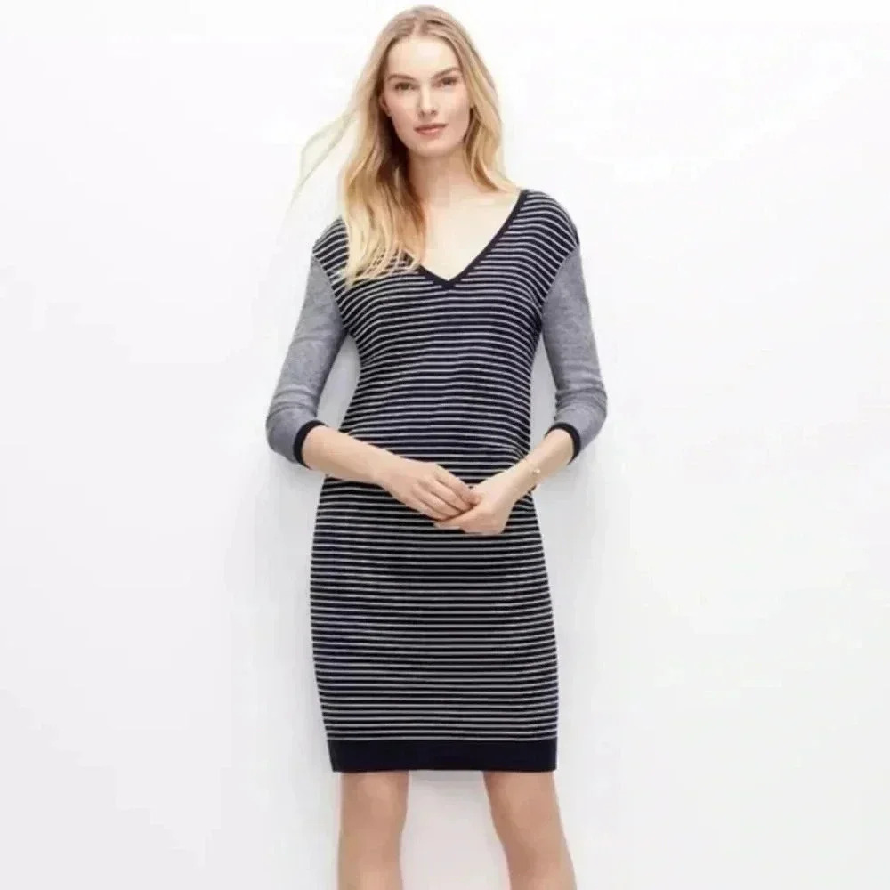 Ann Taylor Color-block Stripe Sweater Dress Color Navy & Gray Size Medium M